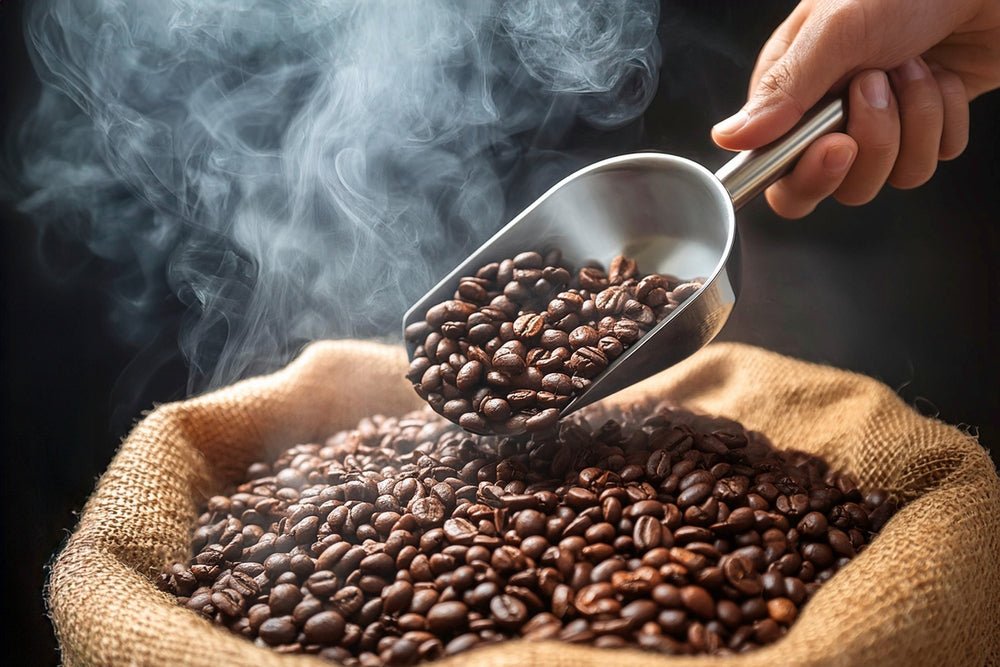 Fresh coffee roasted in Texas with small pieces of pecans in it.