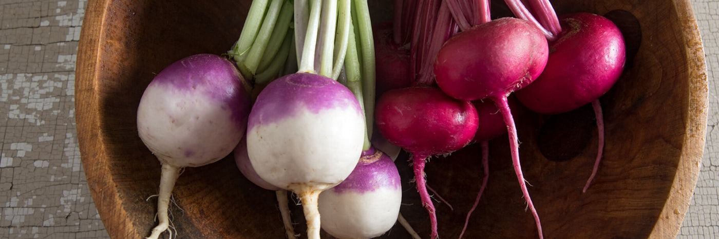 Small, sweet, summer salad turnips are easy to grow.  The turnip's tender roots are sweet, crisp, and fruity.  The turnip greens can be used in salads, soups, and steamed. 