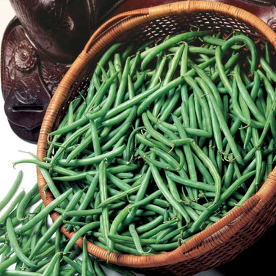 A basket filled with fresh green beans.