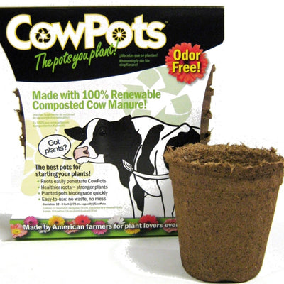 CowPots are made from 100% cow manure. The manure is process so that it practically has no smell. Th manure is organic as the milk cows are fed feeds that are 100% organic.

Plant the seed. Keep moist and when time, drop the whole pot into the hole. It will take about six months to totally compost.

Great product.

The round pot allows for better ventilation and air circulation between pots, advantageous to longer term durability. This size is preferred for seed starting of herbs, vegetables or other annual