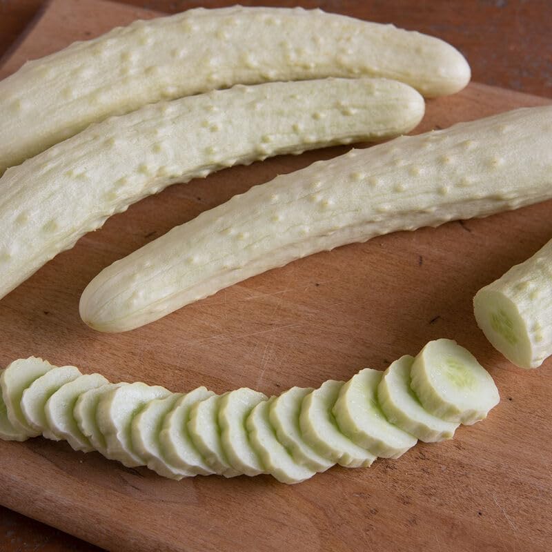 White Asian-type cucumbers on a wooden cutting board, with one cucumber sliced into rounds.