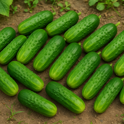 Green cucumbers on a dirt surface with plants in the background