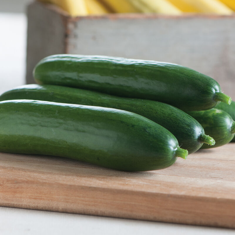 A photograph of fresh cucumbers on a wooden cutting board, which are green in color.