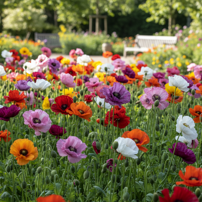 Colorful flower garden with a bench in the background