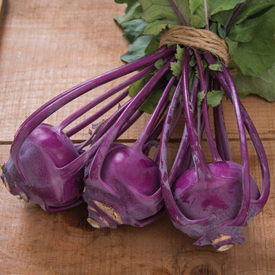 Bunch of purple kohlrabies on a wooden surface