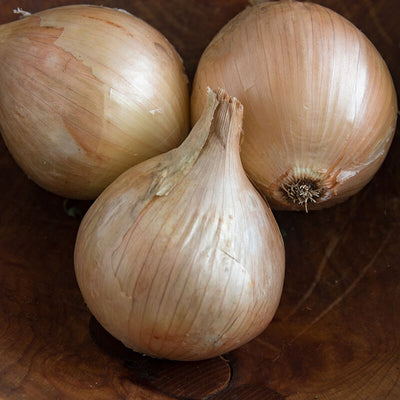 Three whole onions with a light brown skin, resting in a wooden bowl.