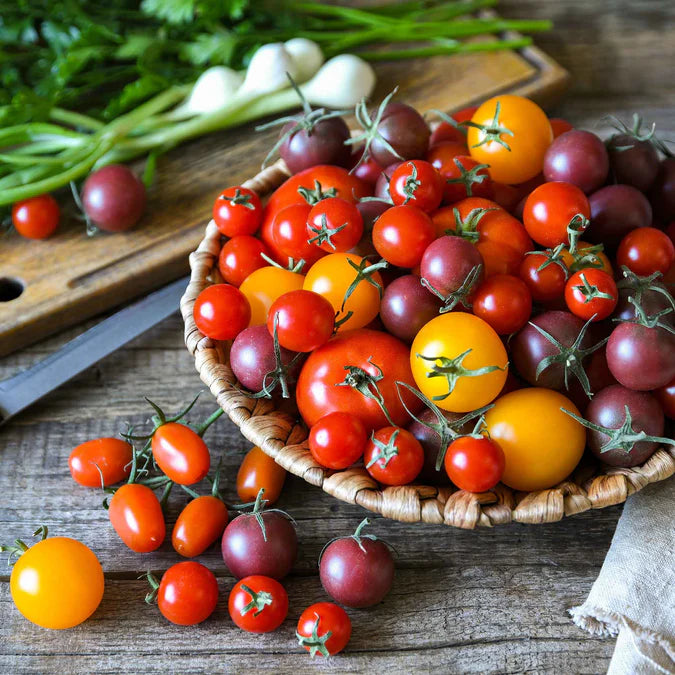Assorted cherry tomatoes in a woven basket on a wooden surface with green onions in the background.