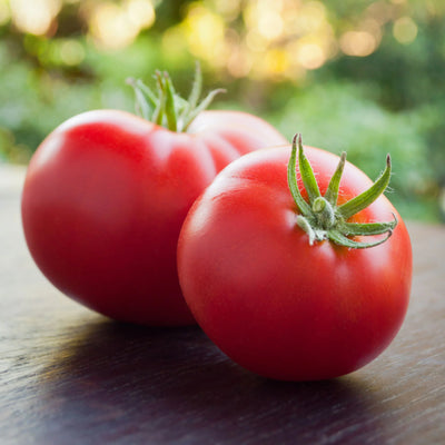 Three red globe-shaped tomatoes with stems attached, placed on a dark surface with blurred greenery in the background.