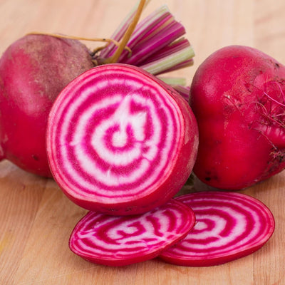 Pronounced "key-oh-jah" after the small Venetian villa town, non-GMO Chioggia beet seeds are a classic Italian garden heirloom grown and sold throughout the Mediterranean since the 1840"s. Chioggia seeds grow a clean, crisp culinary variety often sliced up for garden salads, garnishes, and pickling.