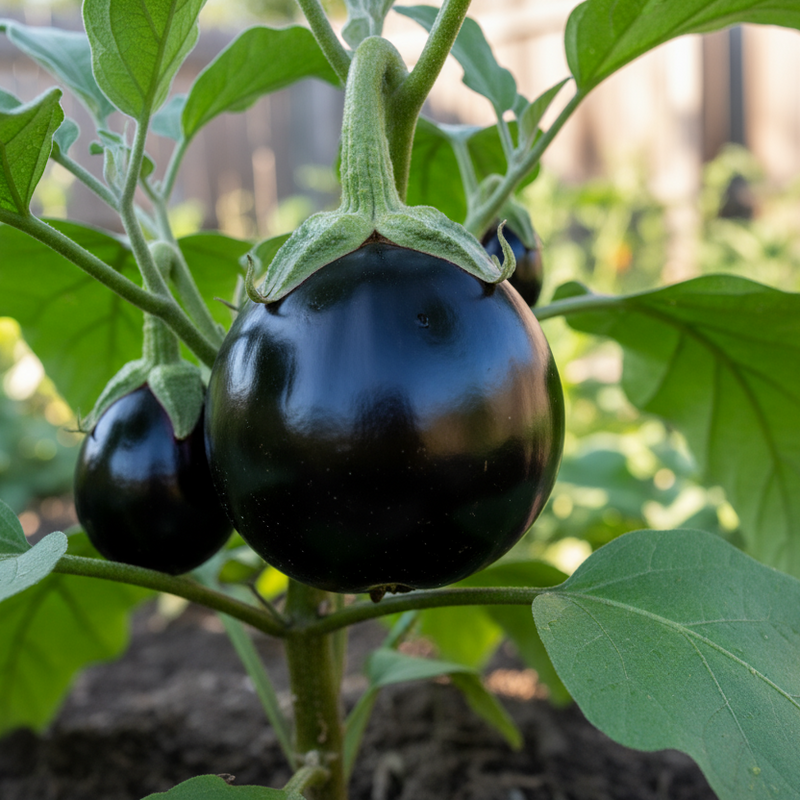 Two dark purple eggplants growing on a plant with green leaves.