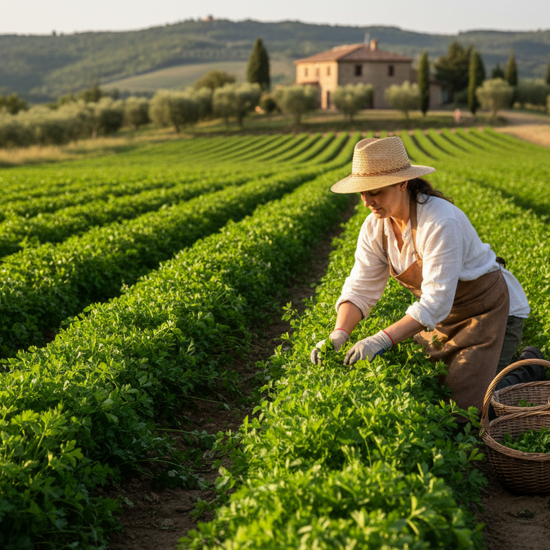 italian woman working in a field of herb italian parsley
