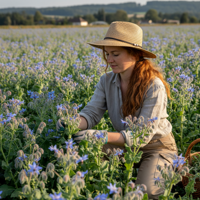 girl 20 long hair working in a field of herb borage plants