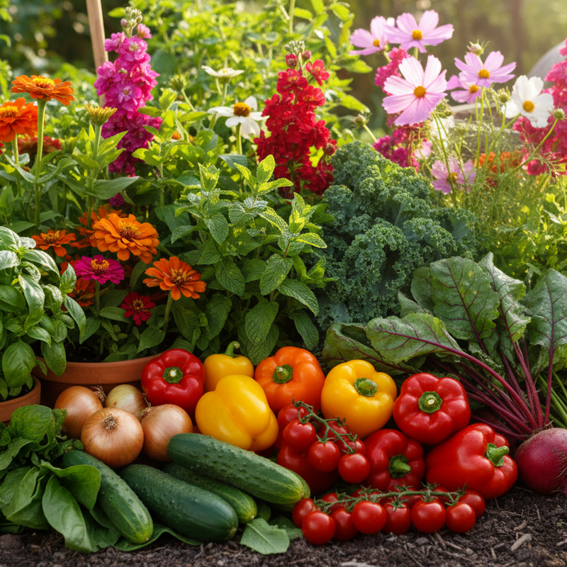 image with herb basil, mint, flowers zinnia, stock and cosmos and vegetables cucumber, tomato, pepper, leafy greens beets onions carrot kale spinach