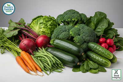 image containing vegetable bean blue lake, carrot tendersweet, beet detroit dark, collards georgia southern, cucumber spacemaster, lettuce black seeded simpson, zucchini black beauty, radish champion, spinach bloomsdale, broccoli waltham, vegetable only with david's garden seeds logo and seed integrity logo