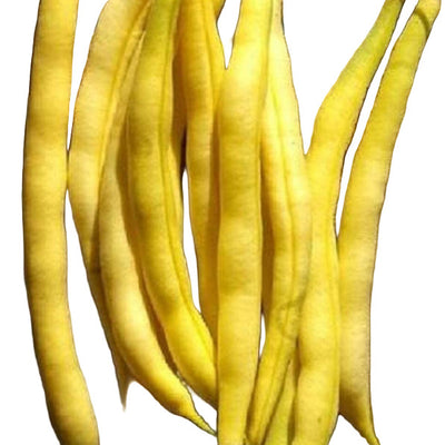 A group of yellow Cherokee Wax Beans laid out on a wooden surface.