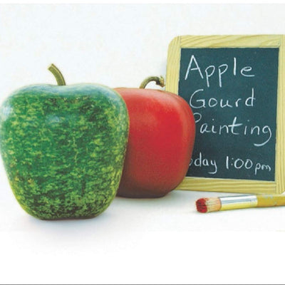 Two gourds, one green and one red, with a sign that reads 'APPLE GOURD PAINTING' and a time stamp showing the day and time of harvest.