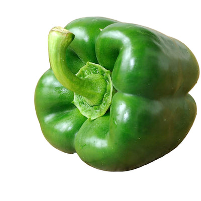 A green, medium-sized bell pepper with three lobes, resting on a wooden surface.