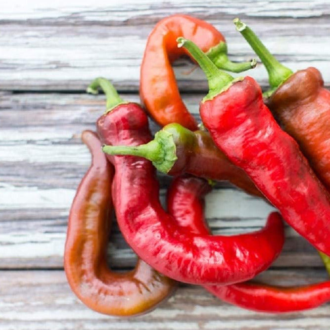 A group of red and brown Jimmy Nardello peppers on a wooden surface.