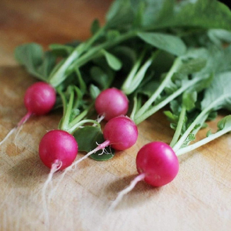 A group of fresh radishes with pink bulbs and green leaves on a wooden surface.