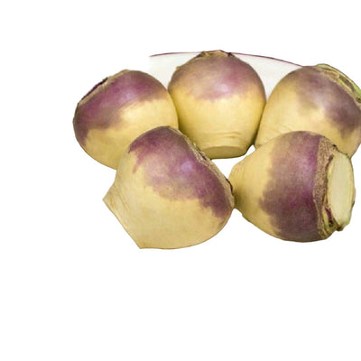 A plate containing several fresh rutabagas with purple tops and pale yellow flesh.