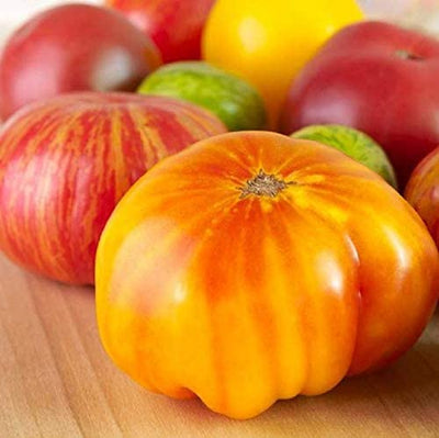 A cluster of Beefsteak tomatoes with red and yellow streaks on a wooden surface.