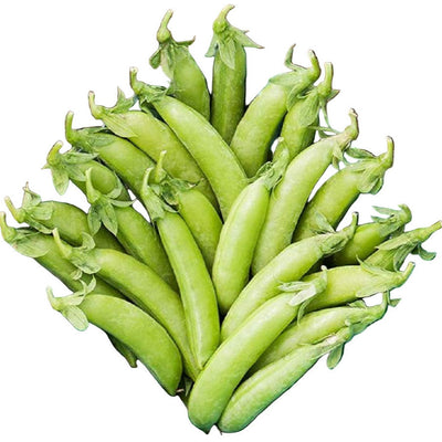 A basket filled with fresh green pea pods on a wooden surface.